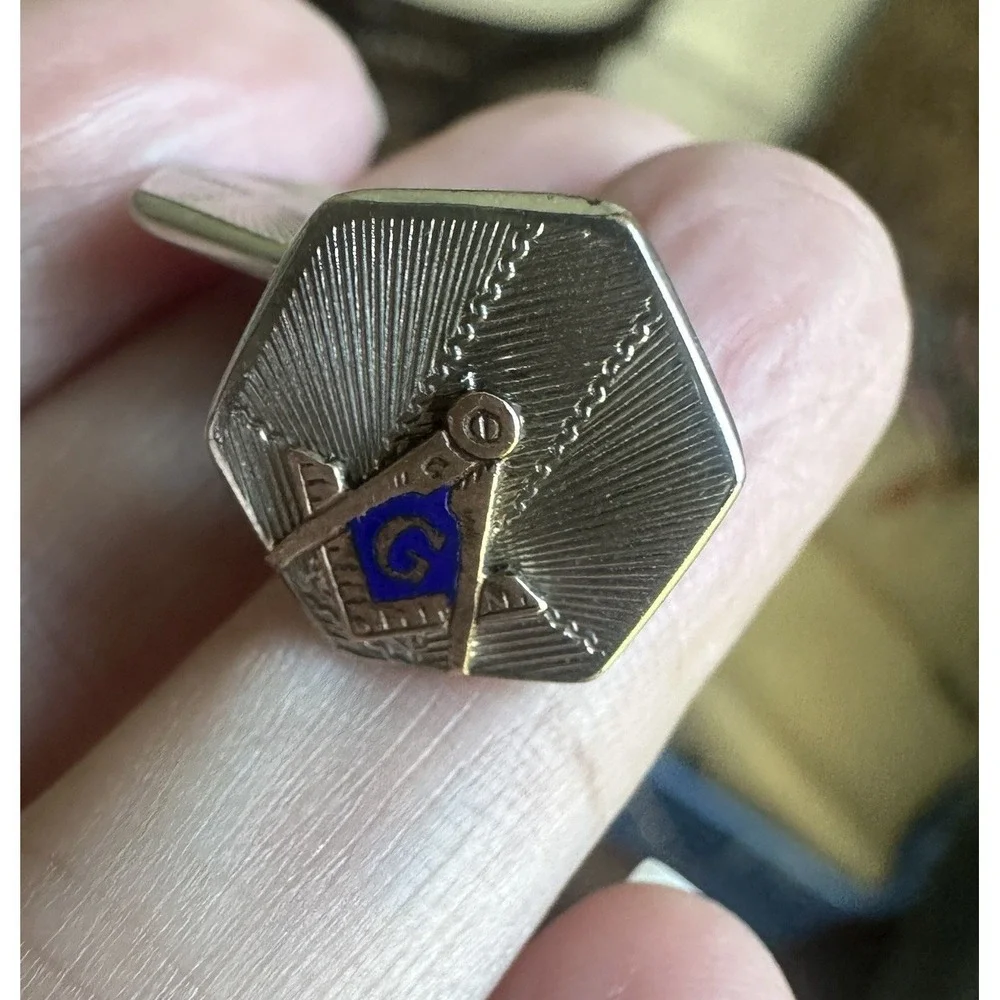 Antique Art Deco Single Cufflink David Belais 14K White Yellow Gold Masonic 2.9g